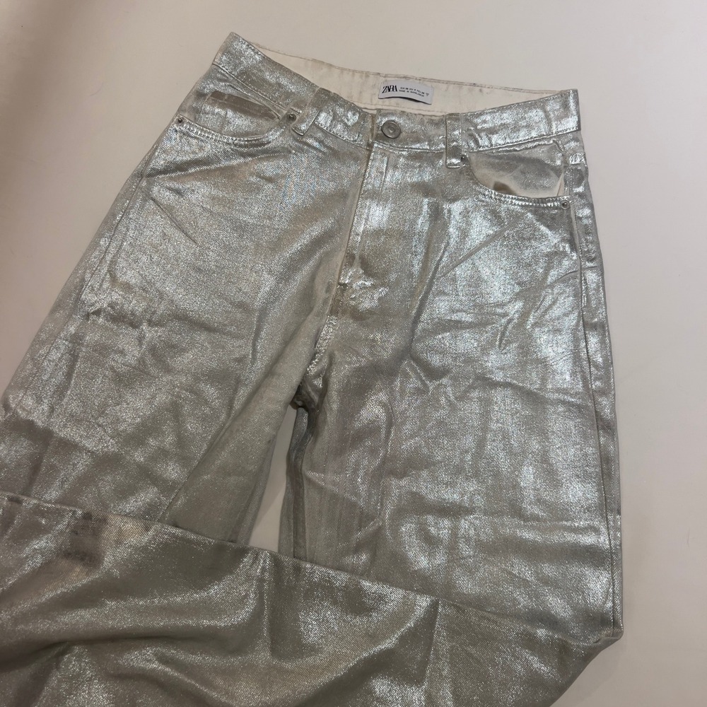 Zara Womens Metallic Silver Straight Leg Jeans High Shine‎ Coated Denim US 4